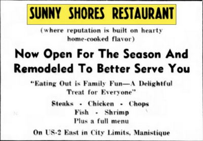 Sunny Shores Restaurant (Straslers Sunny Shores Restaurant) - May 1956 Ad (newer photo)